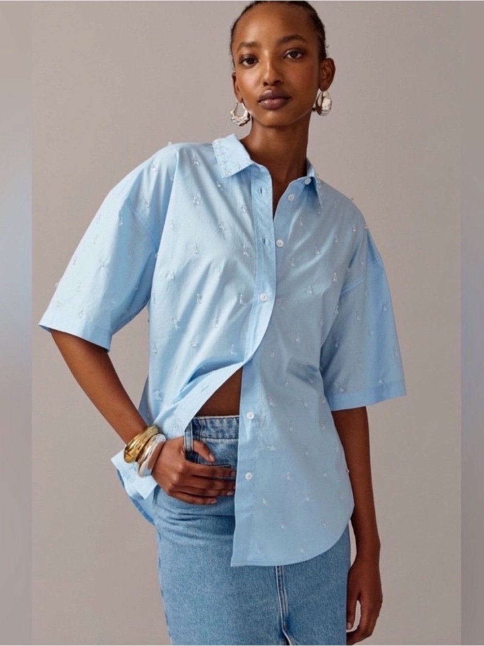 J Crew Collection Icy Baby Blue embellished button up shirt s 4